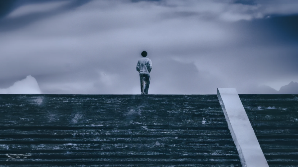 Eine Person steht am Ende einer steinernen Treppe, die in den Himmel führt