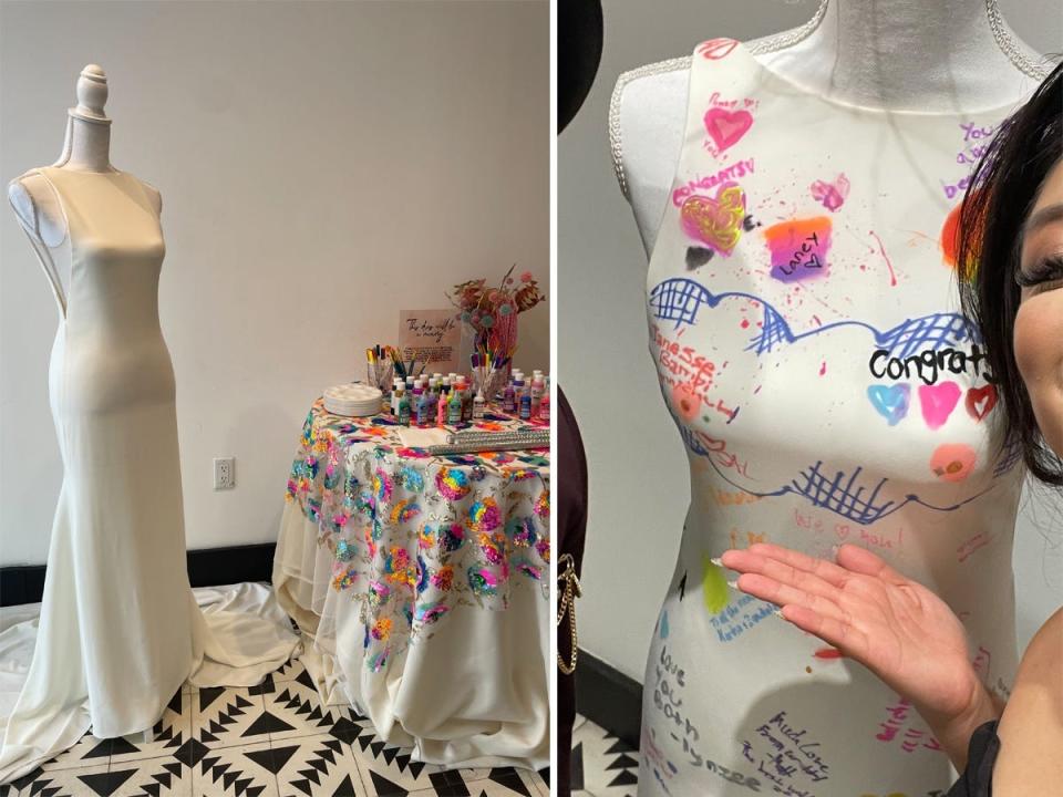 A side-by-side of a wedding dress on a mannequin and the same dress painted.