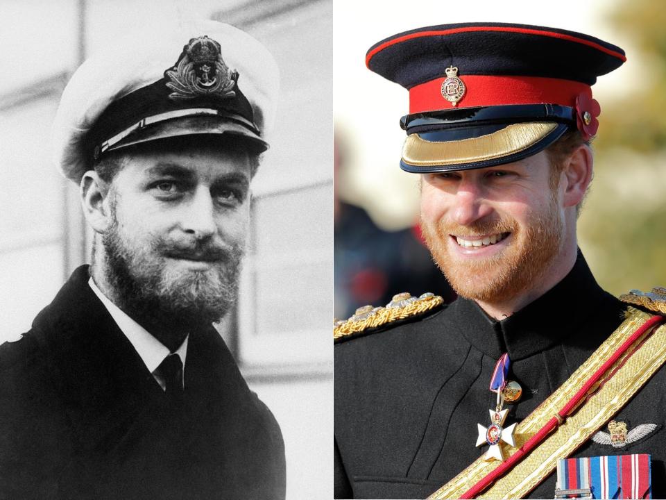 Philip is seen in a 1945 photo on the left; on the right, his grandson Harry in 2016.