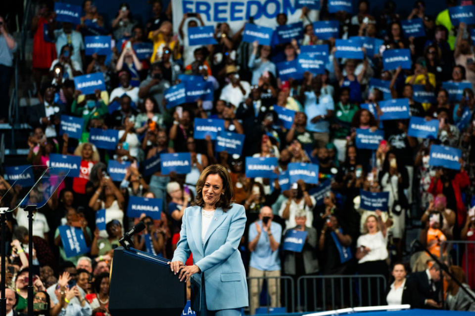 Vice President Kamala Harris during a campaign event at the Georgia State Convocation Center in Atlanta, Georgia, on July 30, 2024. (Photo by Demetrius Freeman/The Washington Post via Getty Images)