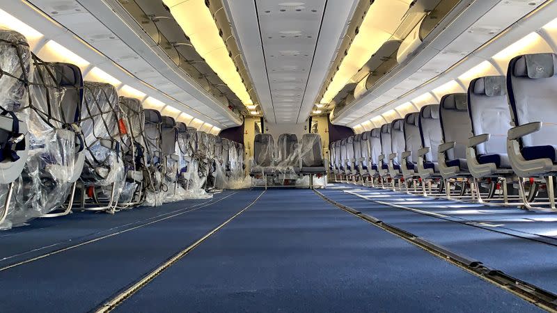 A undated handout picture shows the interior of a passenger plane which was modified as temporary freighter