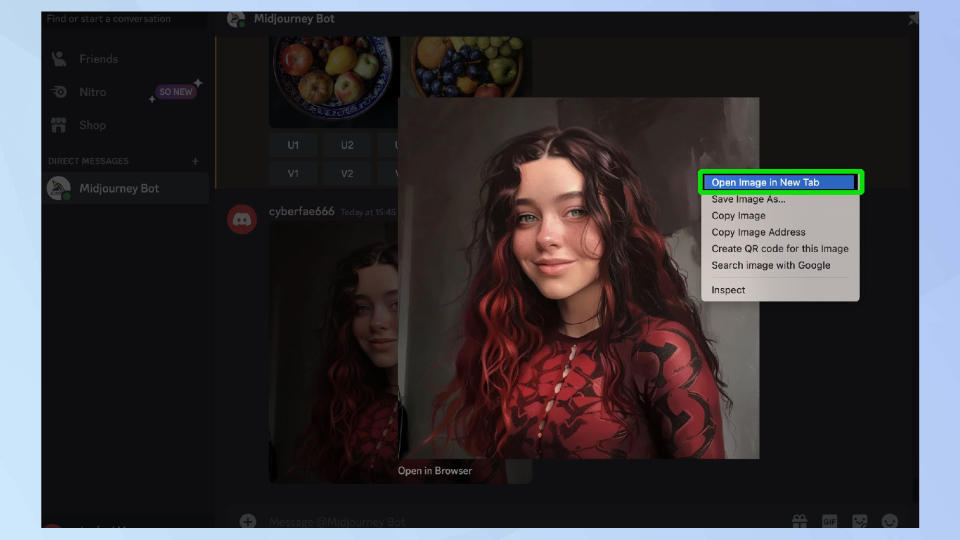 Screenshot of open image in new tab highlighted in Midjourney