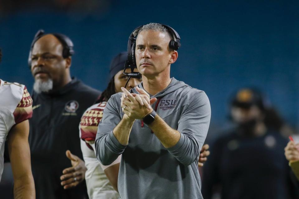 Florida State  head coach Mike Norvell reacts from the sideline during a game against the Miami Hurricanes on Nov 5, 2022.