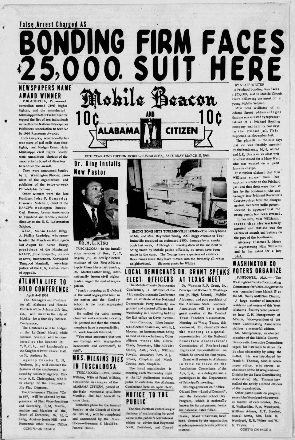 The Rev. Martin Luther King Jr.’s Tuscaloosa visit made the front page of the March 21, 1964, edition of The Mobile Beacon/Alabama Citizen, an African-American newspaper.