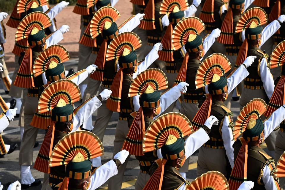 TOPSHOT - Soldiers march along Rajpath during the Republic Day Parade in New Delhi on January 26, 2021. (Photo by Jewel SAMAD / AFP) (Photo by JEWEL SAMAD/AFP via Getty Images)