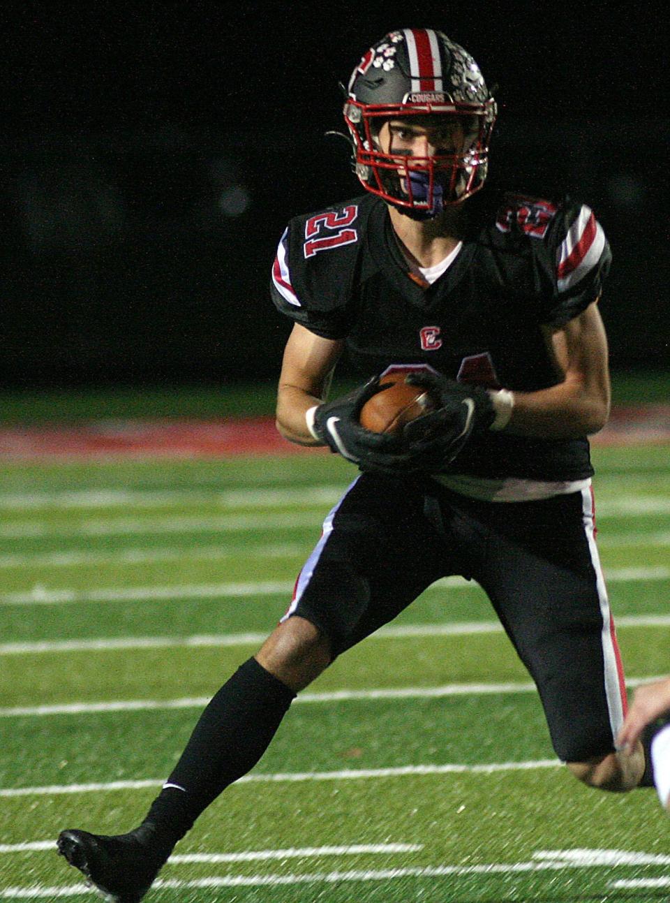 Crestview High School’s Adison Reymer advances the ball during the Div. VI, region 22 quarterfinal playoff game against Colonel Crawford High School at Crestview High School Saturday, Nov. 6, 2021. LIZ A. HOSFELD/FOR TIMES-GAZETTE.COM