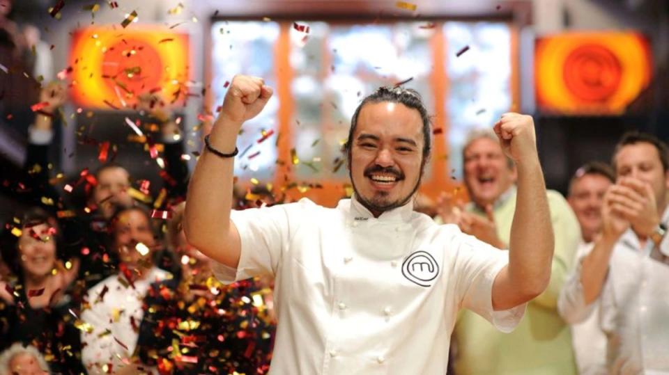 Adam Liaw celebrating his MasterChef win