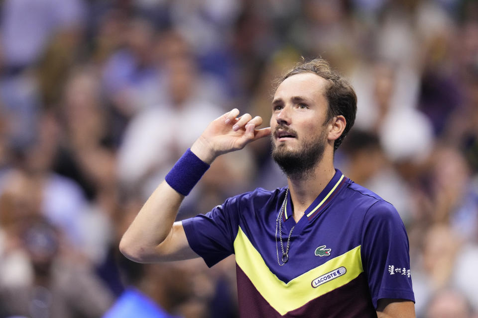 Daniil Medvedev, of Russia, reacts to the crowd after defeating Carlos Alcaraz, of Spain, during the men's singles semifinals of the U.S. Open tennis championships, Friday, Sept. 8, 2023, in New York. (AP Photo/Manu Fernandez)