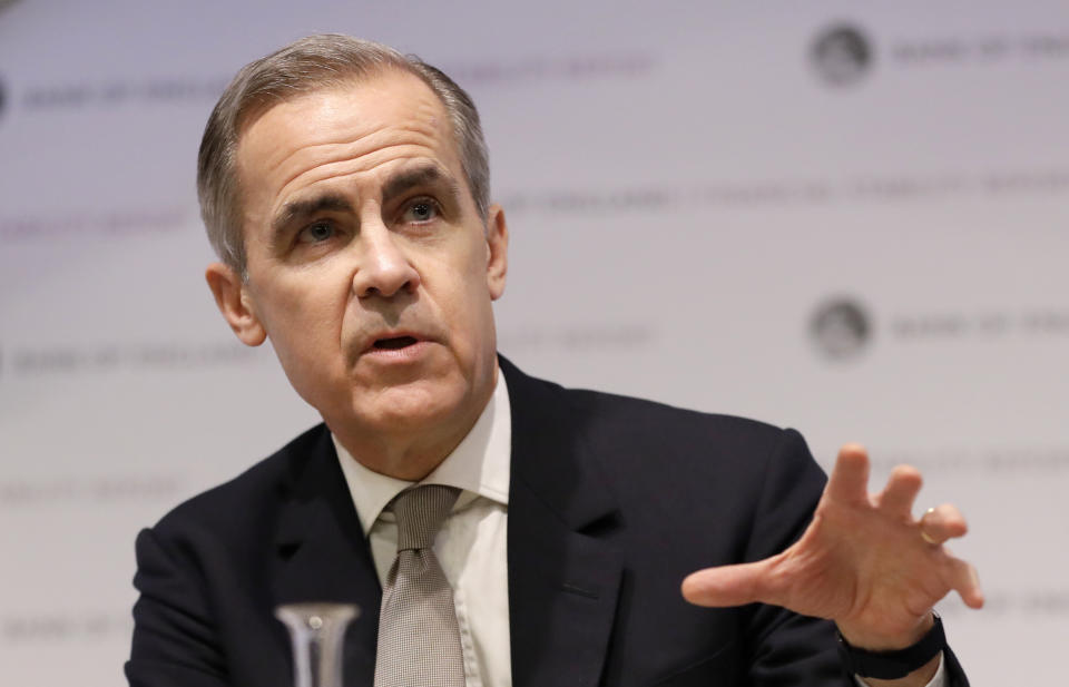 Mark Carney, Governor of the Bank of England speaks at a Bank of England Financial Stability Report Press Conference, in London, Monday, Dec. 16, 2019. (AP Photo/Kirsty Wigglesworth,pool)