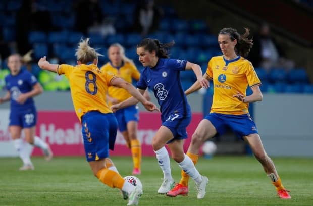 Since joining Chelsea earlier in the year, Jessie Fleming, centre, has helped the Blues clinch the Women's Super League title as well as reach the final of the Women's Champions League. 