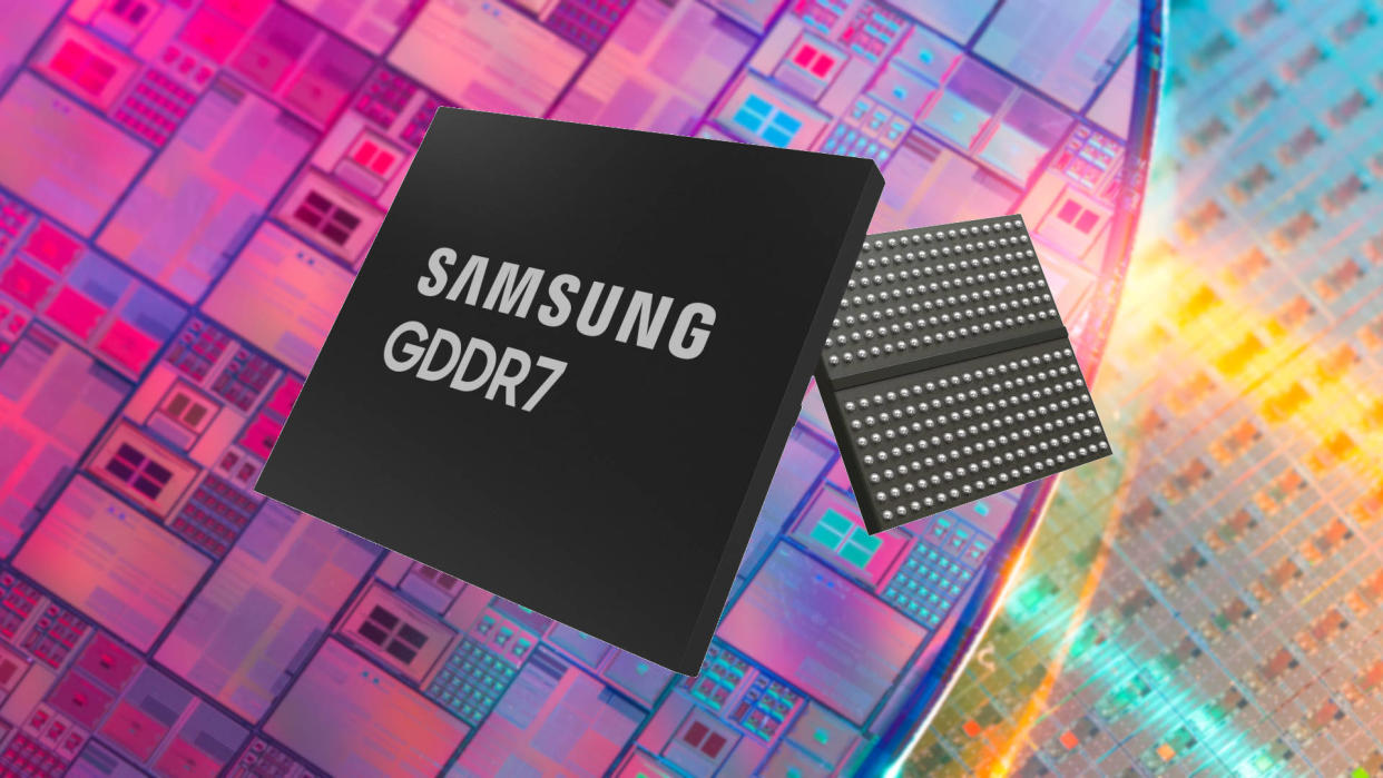  An generic image of Samsung GDDR7 modules against a background of Samsung silicon wafer diagrams. 