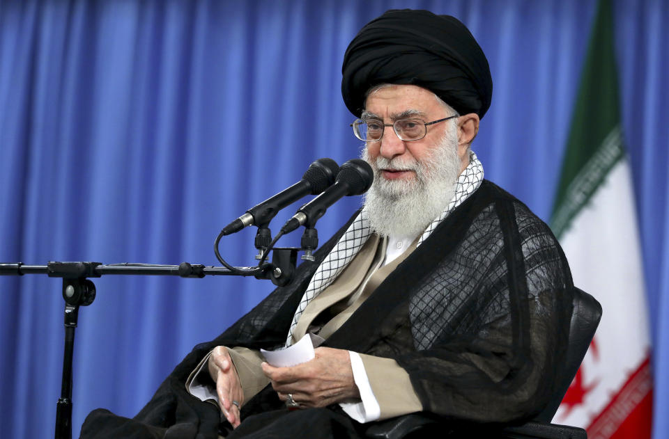 In this picture released by an official website of the office of the Iranian supreme leader, Supreme Leader Ayatollah Ali Khamenei speaks in a meeting in Tehran, Iran, Monday, Aug. 13, 2018. Khamenei said Monday he is banning any negotiations with Washington while stressing that Iran has no intentions of entering into a war with the United States.(Office of the Iranian Supreme Leader via AP)