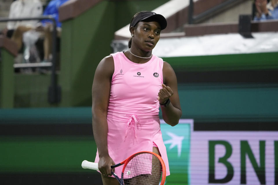 Sloane Stephens, of the United States, celebrates winning a point against Mayar Sherif, of Egypt, at the BNP Paribas Open tennis tournament, Thursday, March 7, 2024, in Indian Wells, Calif. (AP Photo/Mark J. Terrill)