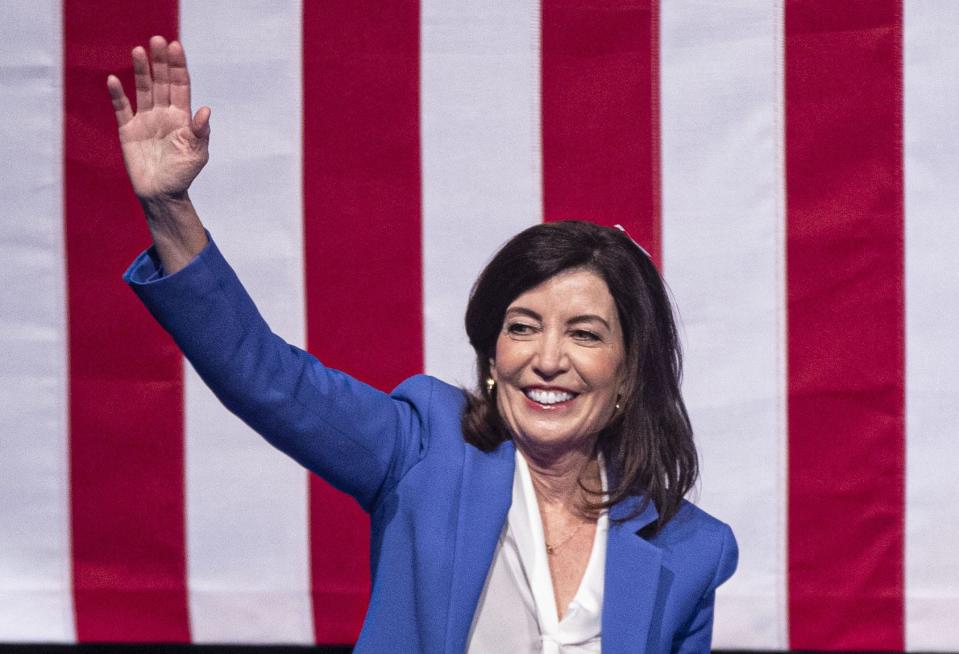 New York State Kathy Hochul waves to supporters after being elected Governor for a full four year term Nov. 8, 2022. Hochul and supporters were gathering at Capitale in Lower Manhattan.