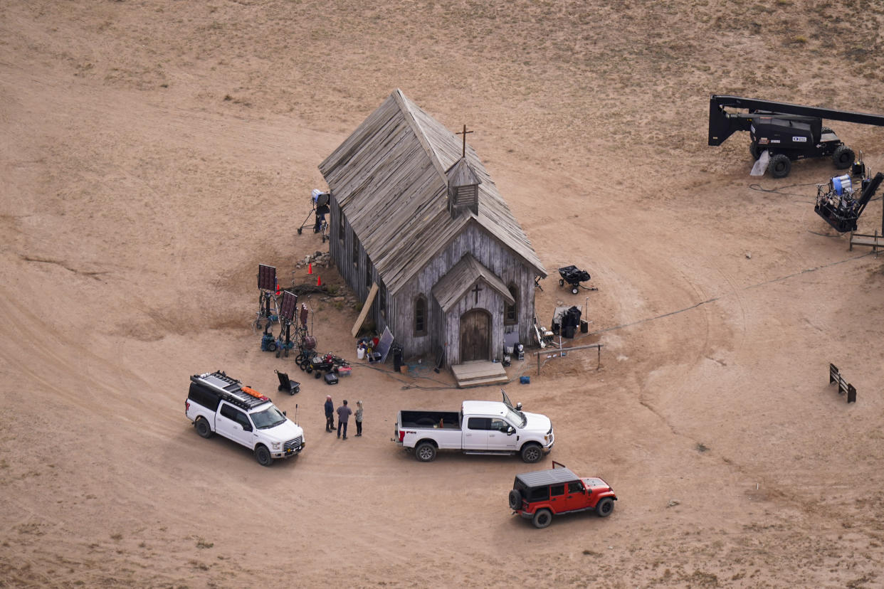 An aerial photo of a film set at the Bonanza Creek Ranch in Santa Fe, N.M. (Jae C. Hong/AP)