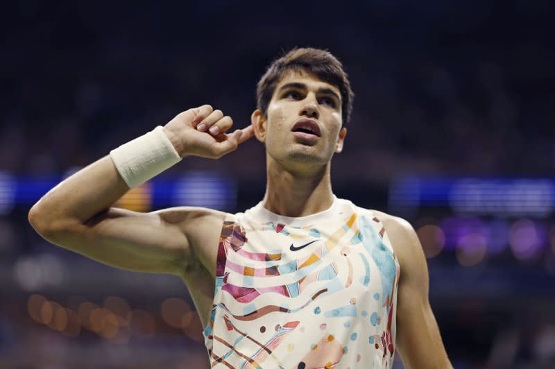 Carlos Alcaraz (pictured) of Spain beat Italian Lorenzo Sonego in four sets in the second round of the 2024 Australian Open on Thursday in Melbourne. File Photo by John Angelillo/UPI