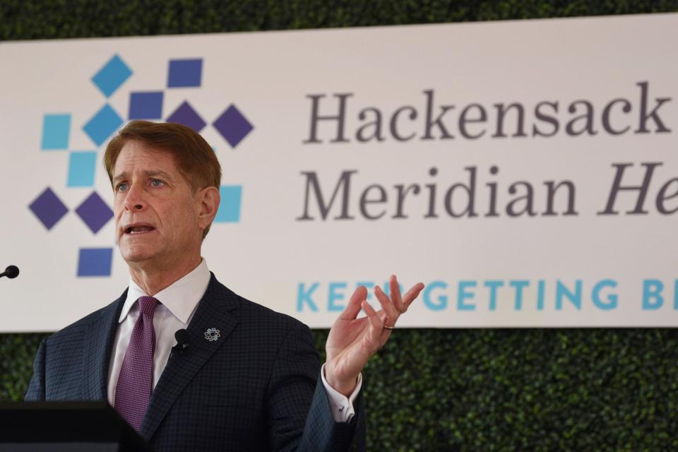 Dec 15, 2020; Hackensack, NJ, USA; Robert C. Garrett, FACHE, CEO, Hackensack Meridian Health talks about the beginning of the phase 1A vaccination effort, and the first team members to receive the vaccine during a press conference at John Theurer Cancer Center, part of Hackensack University Medical Center in Hackensack, NJ on Tuesday, Dec.15, 2020. Mitsu Yasukawa-USA TODAY NETWORK