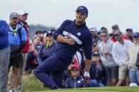 Team USA's Bryson DeChambeau reacts to his shot on the 15th hole during a four-ball match the Ryder Cup at the Whistling Straits Golf Course Saturday, Sept. 25, 2021, in Sheboygan, Wis. (AP Photo/Ashley Landis)