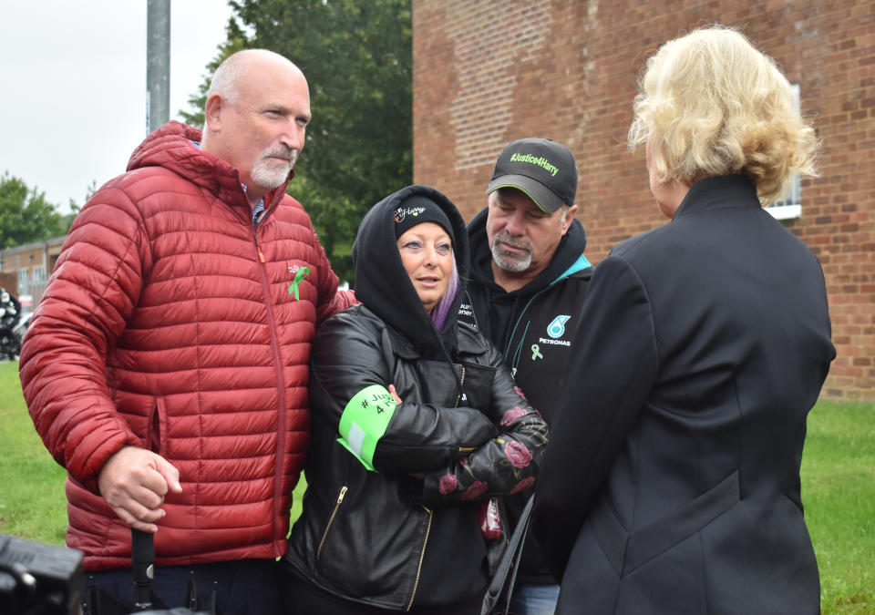 Harry Dunn family spokesman Radd Seiger (left), Harry's mother Charlotte Charles (centre) and her partner Bruce Charles, speak with Andrea Leadsom MP (right) in Brackley, Northamptonshire, where the MP called on Donald Trump to personally intervene to ensure suspect Anne Sacoolas faces trial over teenager Harry Dunn's death a year ago.