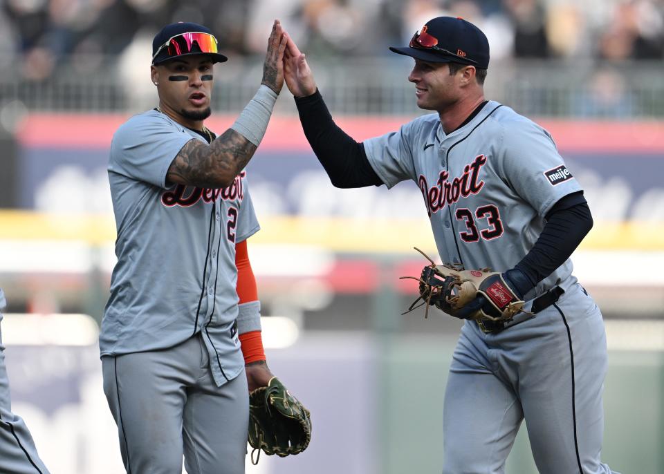 Detroit Tigers' Javier Baez and Colt Keith celebrate the 1-0 win on Opening Day against the Chicago White Sox at Guaranteed Rate Field on Thursday, March 28, 2024 in Chicago.