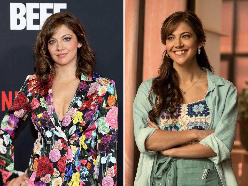 left: mia serafino on the beef red carpet in a floral print dress; right: mia serafino as mia in beef, smiling with her arms crossed