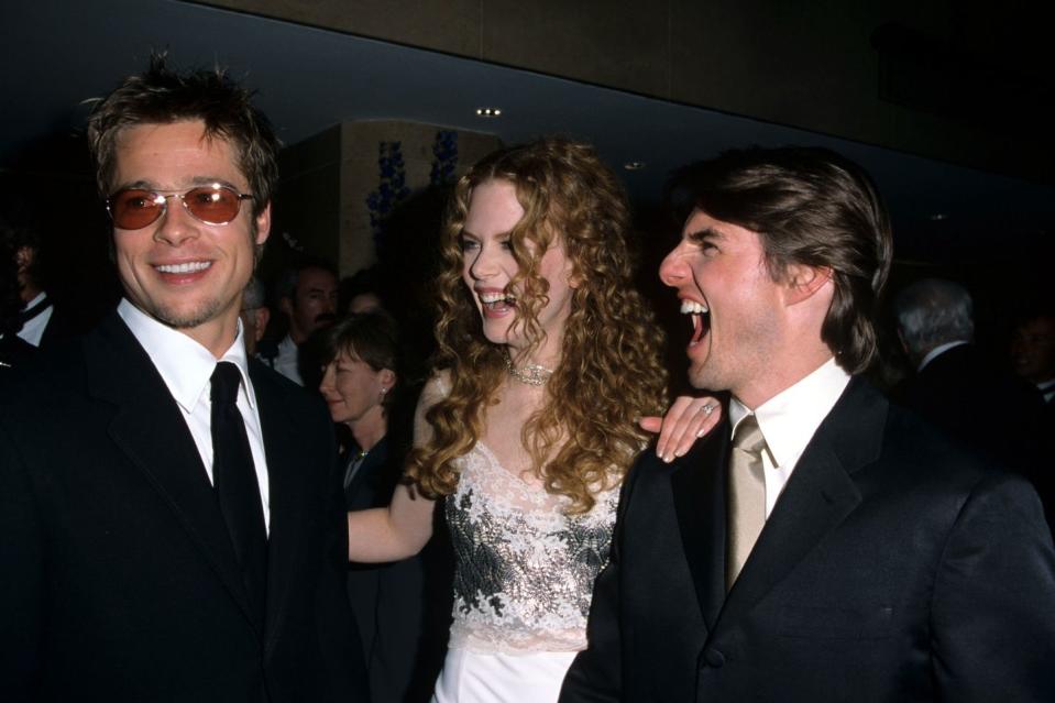 <p>Brad cracks up Tom Cruise and Tom's then-wife Nicole Kidman in April 1998 at an event honoring the <em>Top Gun</em> star. Tom and Brad co-starred in <em>Interview with the Vampire</em> in 1994. In July 2019, Quentin Tarantino revealed that Tom almost nabbed Brad's role of Cliff Booth in <em>Once Upon a Time in Hollywood </em>on Josh Horowitz's <a href="https://podcasts.apple.com/us/podcast/happy-sad-confused/id827905050" rel="nofollow noopener" target="_blank" data-ylk="slk:Happy Sad Confused podcast;elm:context_link;itc:0;sec:content-canvas" class="link "><em>Happy Sad Confused</em> podcast</a>.</p>