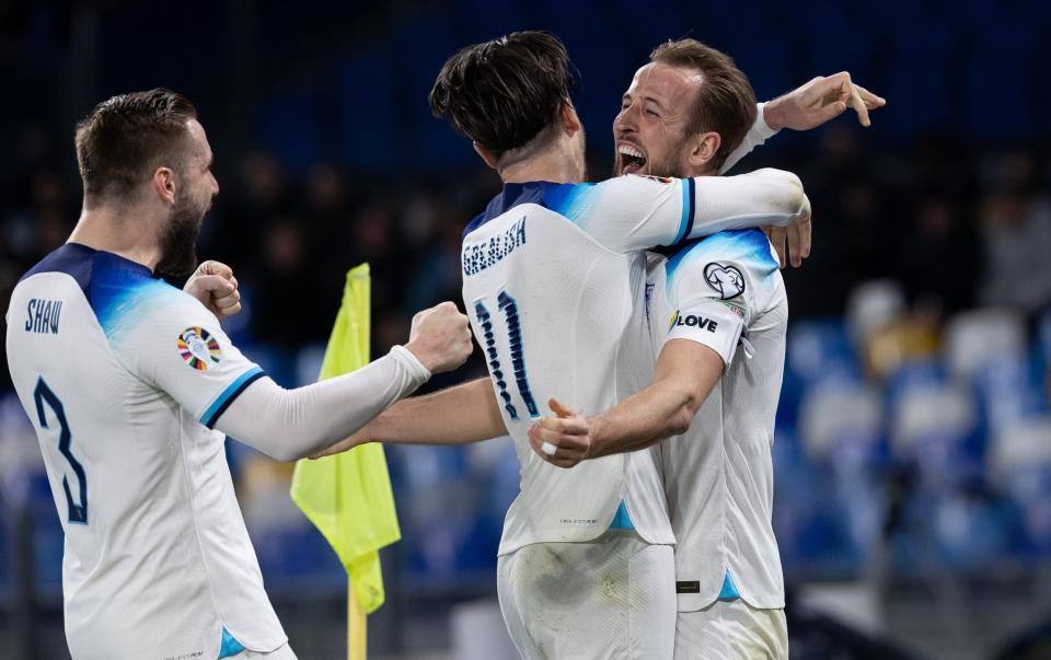 Harry Kane of England celebrates after scoring his team's second goal during the UEFA EURO 2024 qualifying round group C match between Italy and England at Stadio Diego Armando Maradona - Getty Images/Emmanuele Ciancaglini