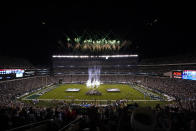 Fans watch fireworks at Lincoln Financial Field before an NFL football game between the Philadelphia Eagles and the Atlanta Falcons, Thursday, Sept. 6, 2018, in Philadelphia. (AP Photo/Tim Donnelly)