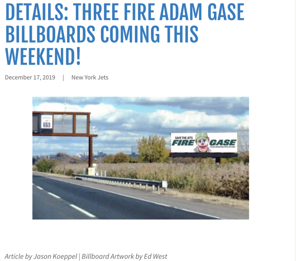Three ‘Fire Gase’ billboards will be put up around MetLife Stadium just in time for New York Jets’ home game on Sunday. The Jets hired Adam Gase in January after being by the Miami Dolphins.