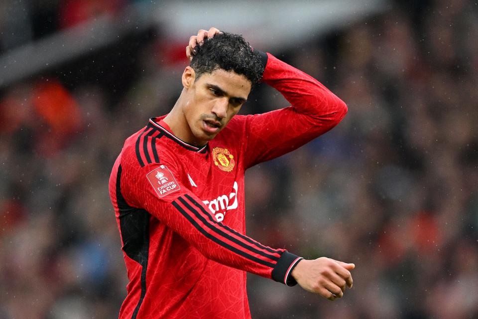 Raphael Varane of Manchester United reacts during the FA Cup quarterfinal between Manchester United and Liverpool.