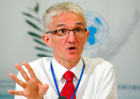 Mark Lowcock, United Nations Under-Secretary-General for Humanitarian Affairs and Emergency Relief Coordinator (OCHA) attends a news conference in Geneva, Switzerland April 26, 2018. REUTERS/Denis Balibouse