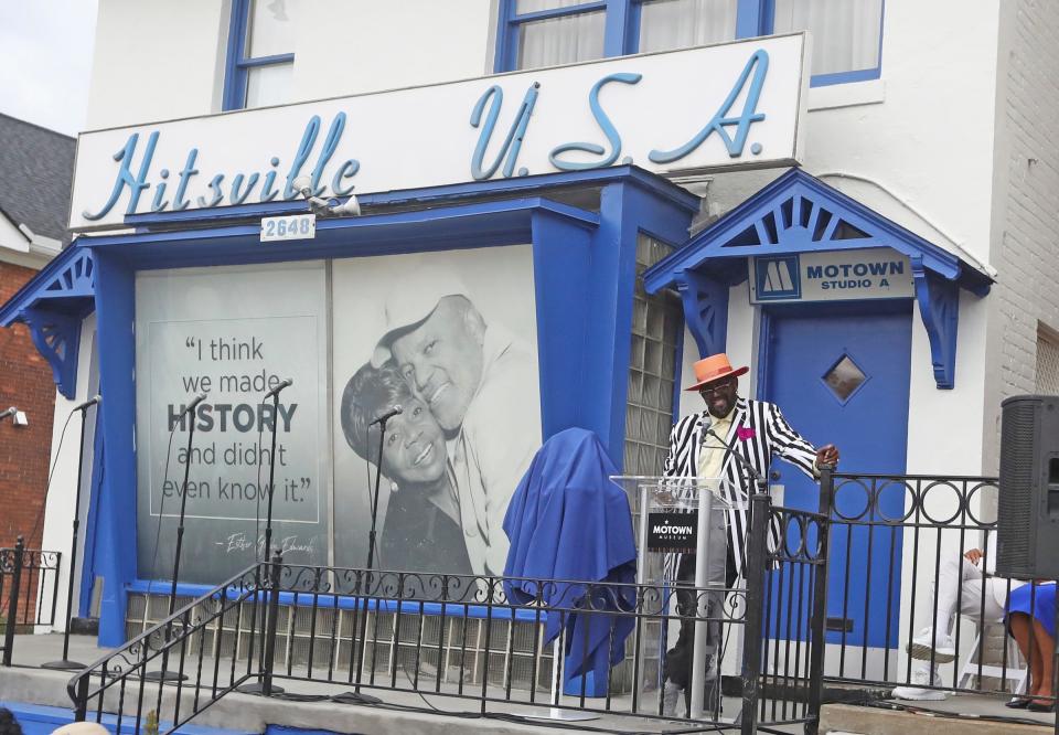Temptations singer Otis Williams talks to those attending the ceremony unveiling the new expansion to the Motown Museum on Monday, Aug. 8, 2022.