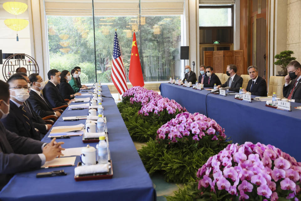 U.S. Secretary of State Antony Blinken, second right, meets with Chinese Foreign Minister Qin Gang, fifth from left, at the Diaoyutai State Guesthouse in Beijing, China, Sunday, June 18, 2023. (Leah Millis/Pool Photo via AP)