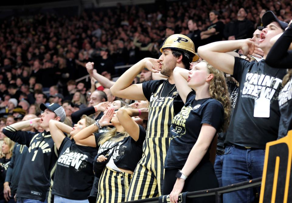 Purdue's Paint Crew starts its "Whose house? Our house!" chant before a game against Indiana Feb. 25, 2023.