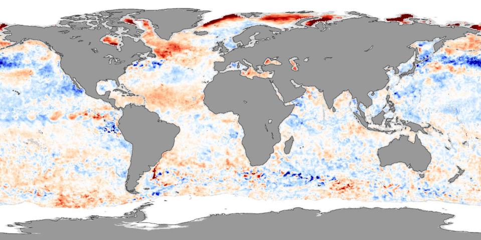 Hurricane alley can be identified in this image of sea surface temperatures across the world. Located in the Atlantic, it is shown as the belt of red dots stretching from the western coast of Africa to Central America.