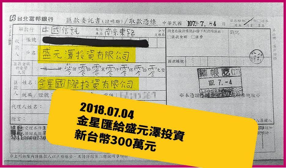 謝國樑出示匯款單，證明從全方位、益都、金星三家公司戶頭，匯款到林冠百指定的盛元澤投資。（謝國樑提供）