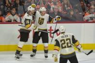 Oct 13, 2018; Philadelphia, PA, USA; Vegas Golden Knights center Cody Eakin (21) celebrates goal scored during the third period of the game against the Philadelphia Flyers at Wells Fargo Center. The Vegas Golden Knights won the game 1-0. Mandatory Credit: John Geliebter-USA TODAY Sports