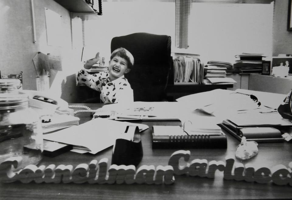 A photo provided by Jacksonville City Council member Matthew Carlucci of his young son Joe Carlucci, now a City Council Member himself, behind his father's desk in the old City Hall building in the early 1990's. The Carlucci family has been a fixture in Jacksonville politics starting with Joe Carlucci, who first held political office in 1968 in Jacksonville's City Council then served won a Florida Senate seat in 1978 where he served until his death in 1986. His son, Matthew "Matt" Carlucci became a City Council member in 1987 and continues in that role. Now the third generation of the family, Joe Carlucci, serves on Jacksonville's City Council alongside his father Matt, after recently being elected to represent Jacksonville's District 5.