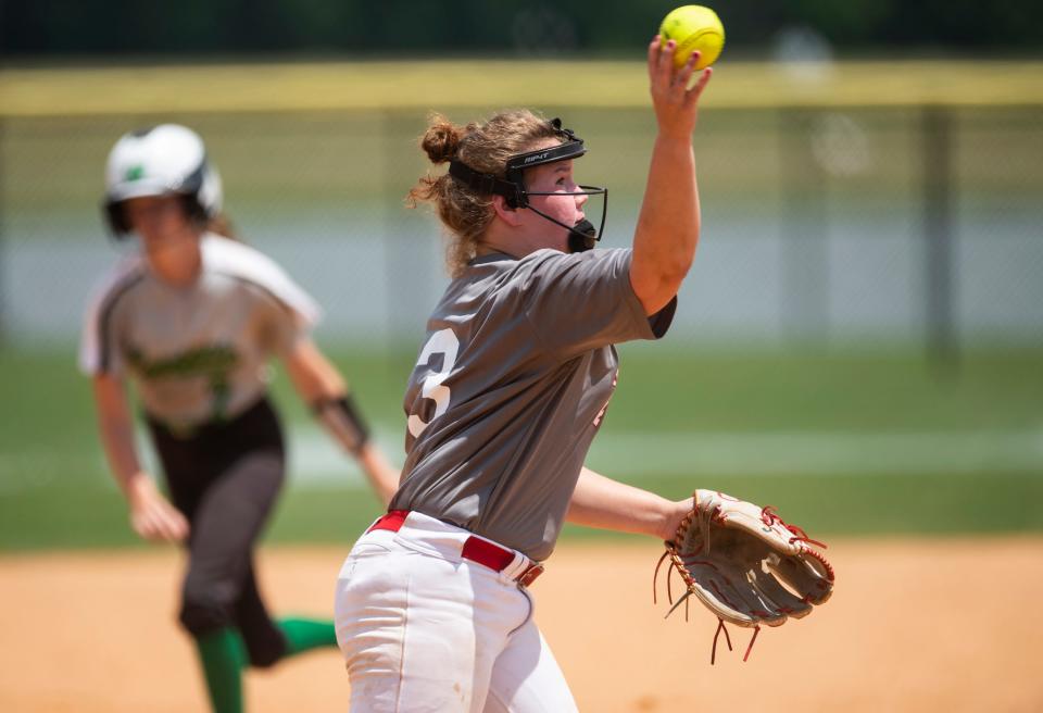 Cedar Bluff’s Natalie Baty (3) throws to first base during the AHSAA softball state championship series at Choccolocco Park  in Oxford, Ala., on Friday, May 20, 2022.  
