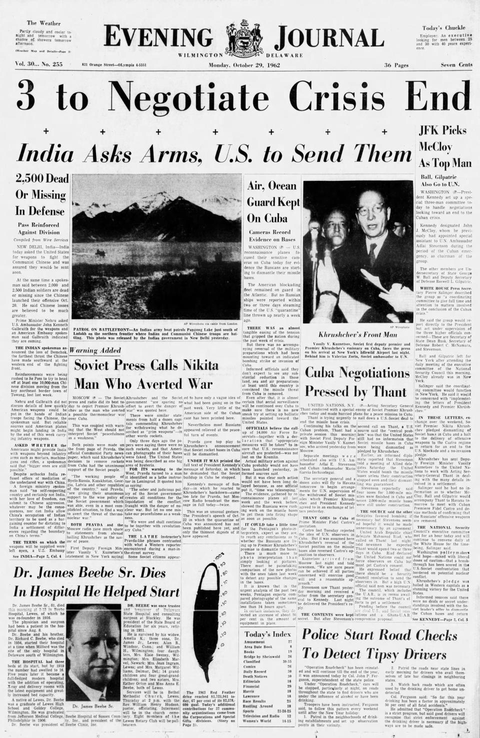 Front page of the Evening Journal from Oct. 29, 1962.