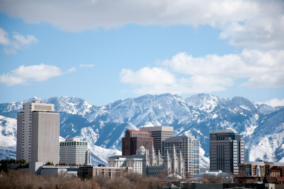 Winter daytime shot of Salt Lake City.  Featured is the temple from the Church of Jesus Christ of Latter Day Saints or the Mormons
