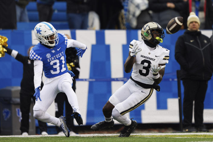 Vanderbilt wide receiver Quincy Skinner Jr. (3) catches a pass near the end zone late in the fourth quarter during the second half of an NCAA college football game against Kentucky in Lexington, Ky., Saturday, Nov. 12, 2022. (AP Photo/Michael Clubb)