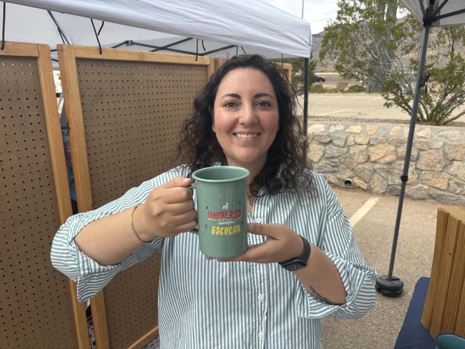 Jennifer Schaefer, of Ofen & Tassen, sells enamel mugs that she hand decorates with logos and sayings. The vendor can be found at The Market on Saturdays at Cohen.