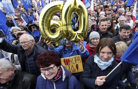 People attend a march called 'I love Europe' to celebrate the 60th anniversary of the Treaty of Rome in Warsaw, Poland March 25, 2017. Agencja Gazeta/Slawomir Kaminski via REUTERS