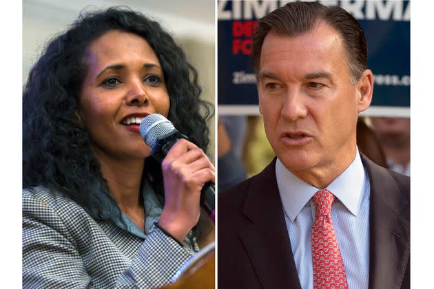 Nassau County Legislator Mazi Pilip, left, has framed her race against former Rep. Tom Suozzi (D-N.Y.) as a referendum on President Joe Biden's immigration policies.