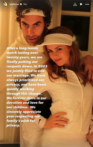 <p>Isla Fisher/Instagram</p> Sacha Baron Cohen and Isla Fisher's divorce announcement