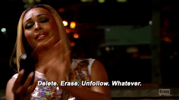 GIF of a woman using a smartphone, animated text reads "Delete. Erase. Unfollow. Whatever." She displays dismissive body language