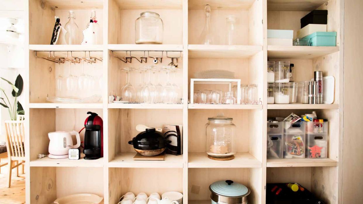 Wooden shelves with dishes