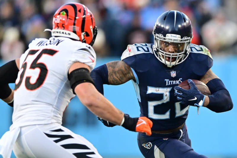 Tennessee Titans running back Derrick Henry (R) is among my Top 5 fantasy football options in Week 1. File Photo by David Tulis/UPI