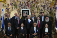 leaders of all Israel's political parties pose for a group photo after the swearing-in ceremony for Israeli lawmakers at the Knesset, Israel's parliament, in Jerusalem, Tuesday, Nov. 15, 2022. Israeli lawmakers were sworn in at the Knesset, on Tuesday, following national elections earlier this month. (AP Photo/Tsafrir Abayov)